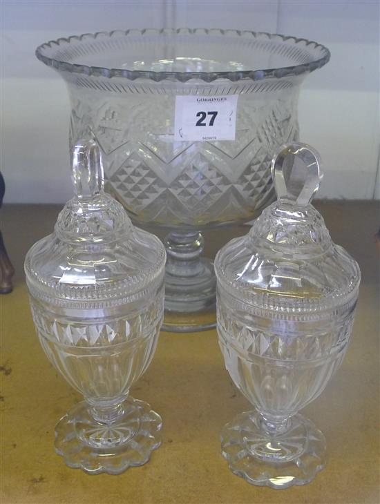 Waterford cut glass pedestal bowl and a pair of lidded vases